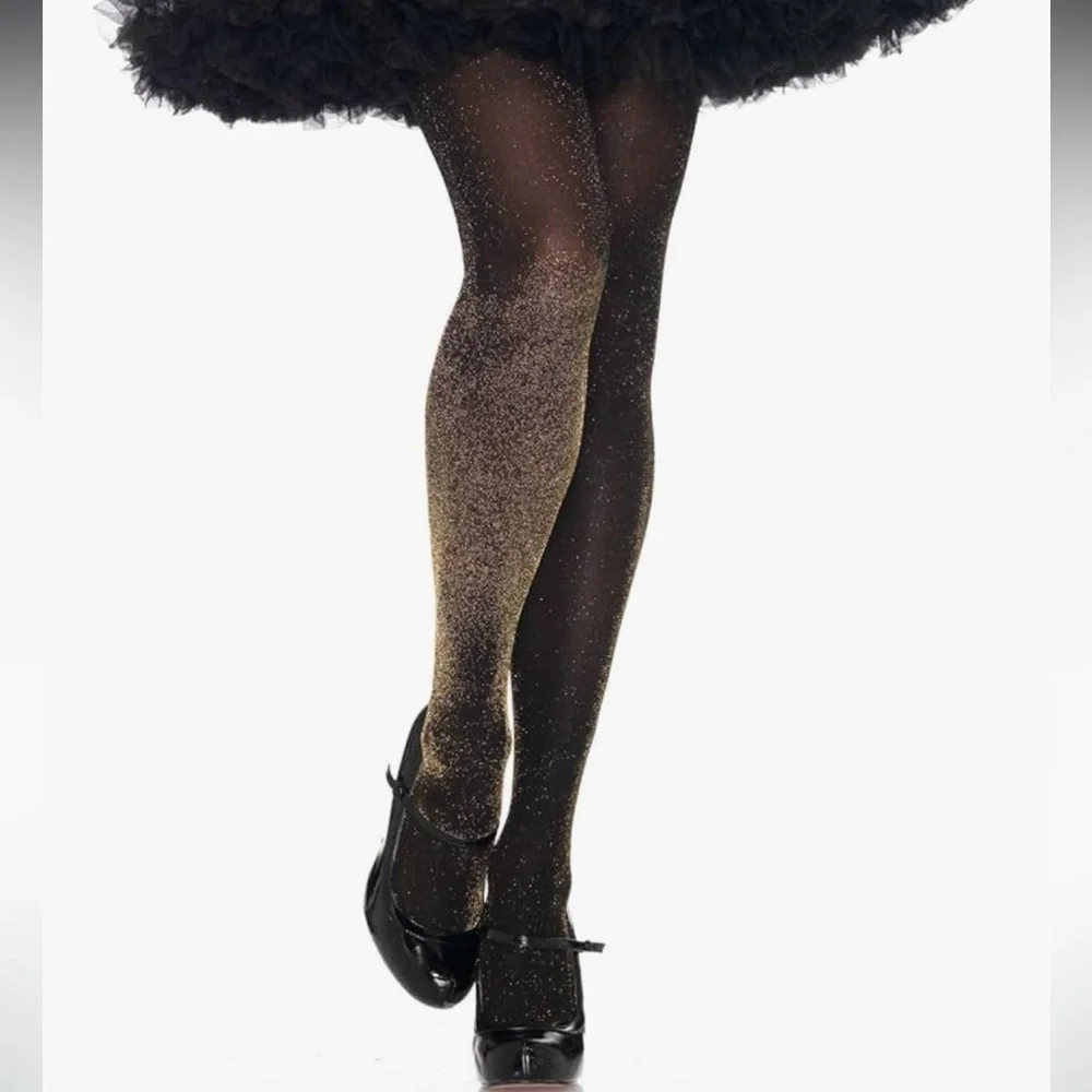 Brand New Leg Avenue Black Sheer Gold Metallic Shimmer Tights Panty Hose